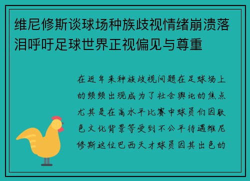 维尼修斯谈球场种族歧视情绪崩溃落泪呼吁足球世界正视偏见与尊重 维尼修斯谈球场种族歧视情绪崩溃落泪呼吁足球世界正视偏见与尊重